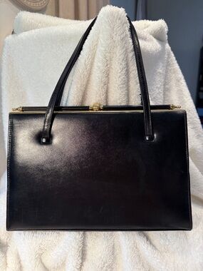 Vintage Black Leather Shoulder Bag with Gold Frame made in England